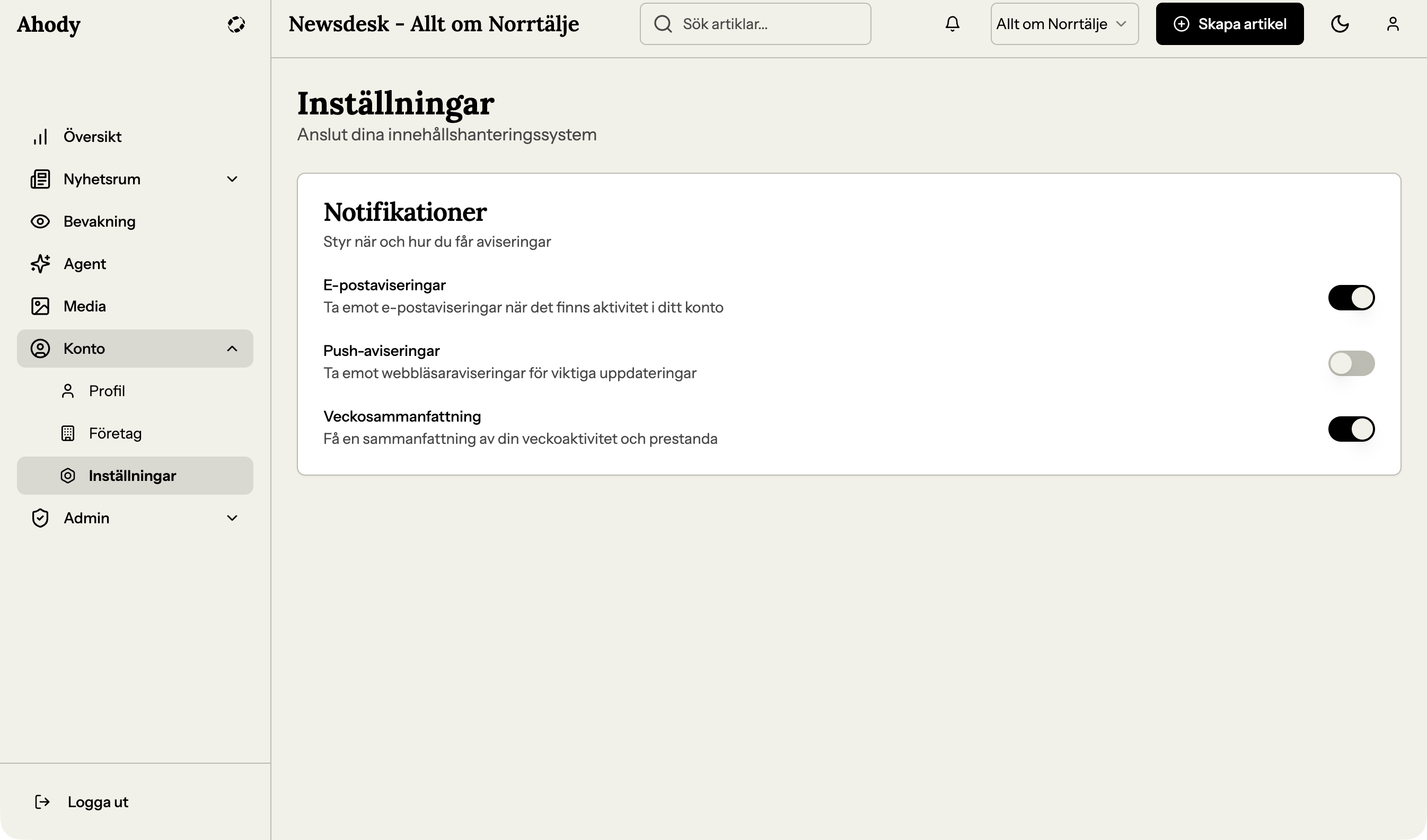 Inställningar — 'Testa anslutning' per integration