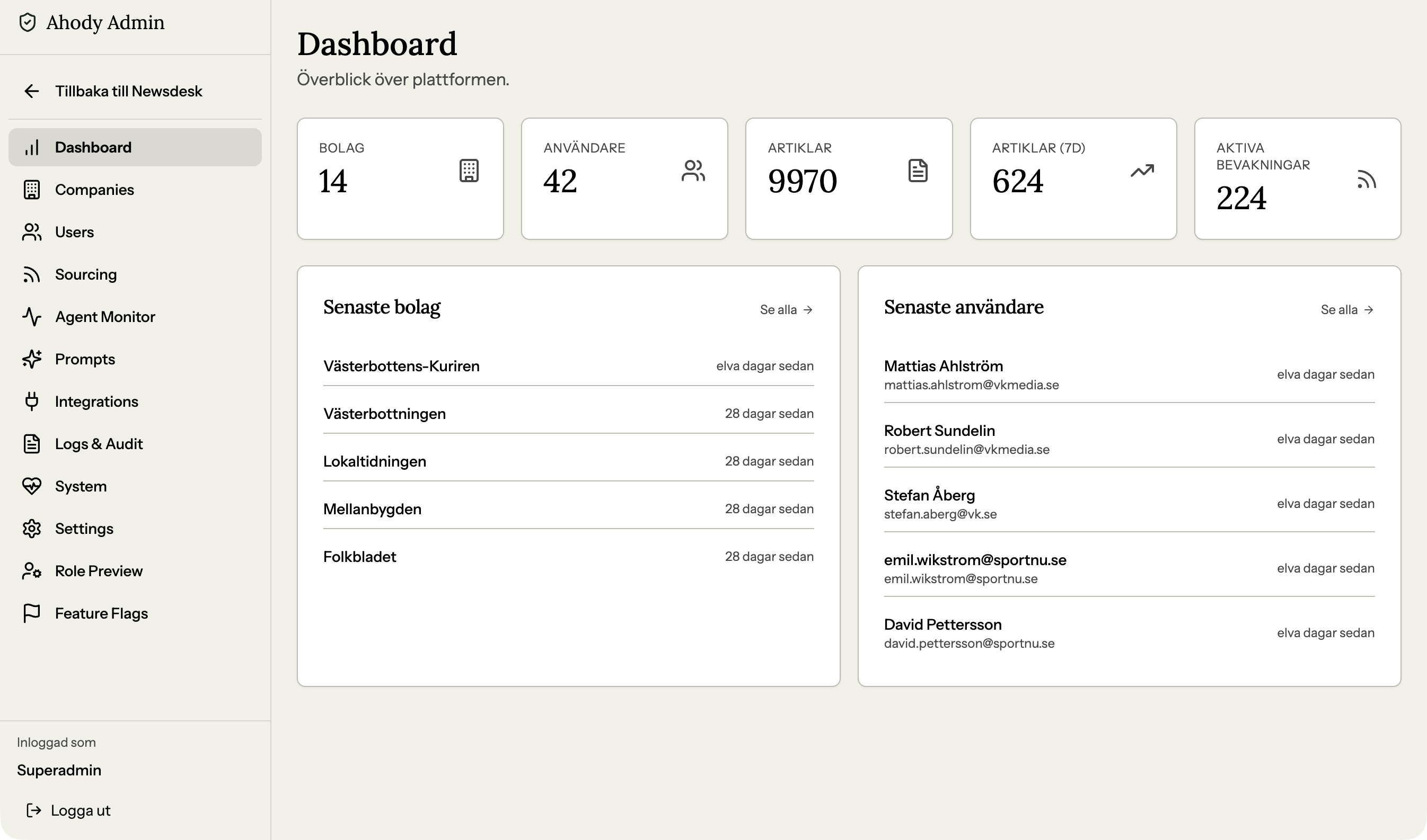 Superadmin-dashboarden — användarlista med impersonate-möjlighet