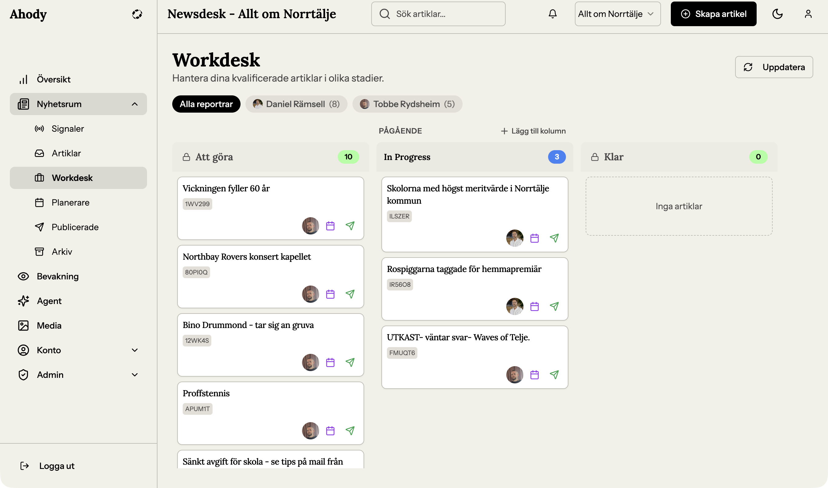 Workdesket med reporter-filter ('Alla reportrar' / 'Daniel' / 'Tobbe')